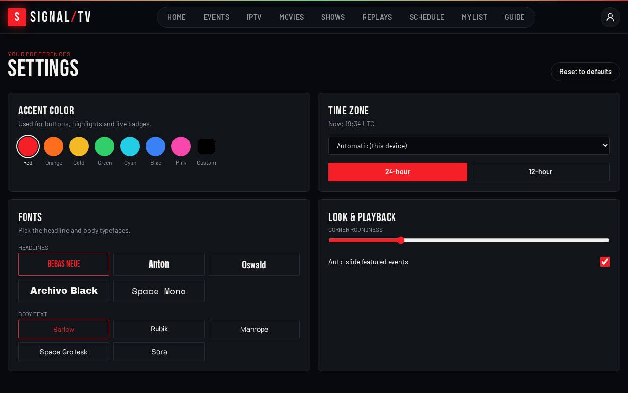 Settings on desktop